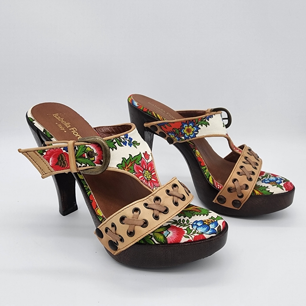 Isabella Fiore Italy Floral Wooden Platform Heel Clogs Sandals Size 5.5 - Picture 2 of 14